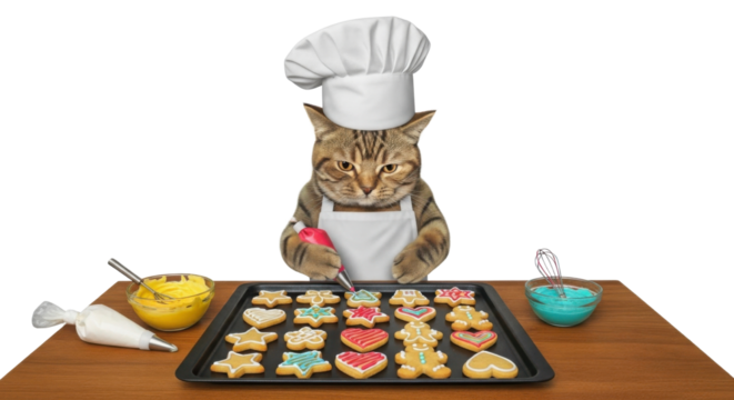 Funny cat decorating cookies with icing isolated PNG with Transparent Background