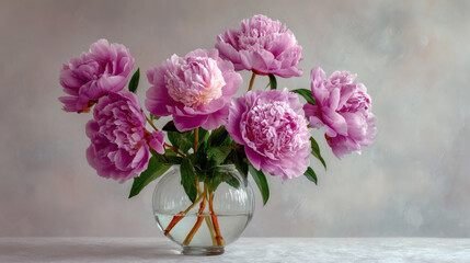 Fototapeta premium Beautiful bouquet of pink peonies in a glass vase on a table.