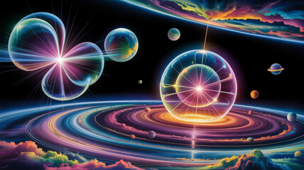 Colorful cosmic landscape with planets, stars, and swirling nebulas in space