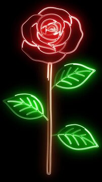 Red rose flowers with stem and leaves, glowing neon light path effect on plain black background