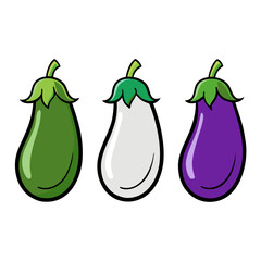 A cartoon illustration of three eggplants: green, white, and purple, lined up against a white background.