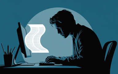 Silhouette of a man working on a computer with a document on the screen