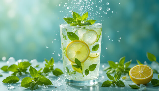 Refreshing lemonade with lemon slices and mint offers a taste of summer, ideal for healthy lifestyle blogs and vibrant food photography projects.