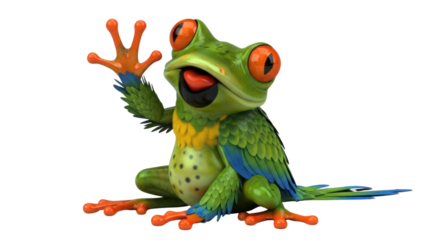 Happy cartoon frog with big eyes waving hello isolated PNG with Transparent Background