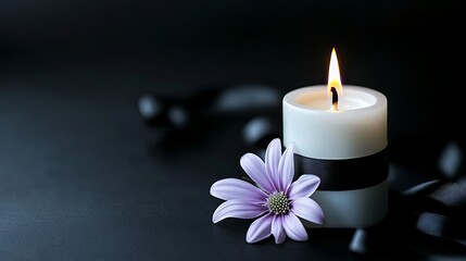 White burning candle with black ribbon and delicate purple flower on black background for funeral and obituary announcement