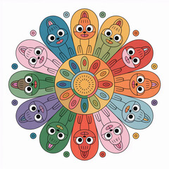 Colorful flower mandala with cute cat faces isolated on white background