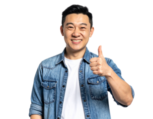 Happy Asian man giving thumbs up isolated on white background, transparent PNG