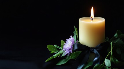 White burning candle with black ribbon and delicate purple flower on black background for funeral and obituary announcement