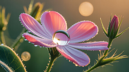 Water drop on a pink cosmos flower with bokeh in the background