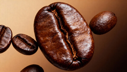 Coffee beans on brown background. Close-up image.