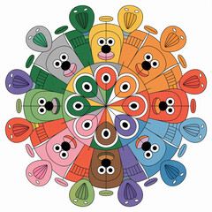 A colorful circle of cartoon animal faces isolated on white background