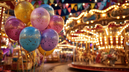 Colorful balloons with gold confetti floating indoors near bright carousel lights with festive decorations and vibrant atmosphere during celebration or amusement park fun