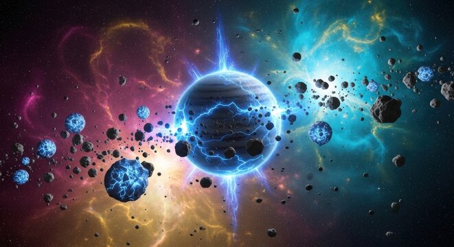 Dramatic science fiction scene featuring an exploding planet surrounded by asteroids, debris, and colorful cosmic nebula energy. - Powered by Adobe