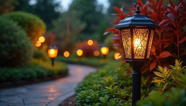 Solar powered lamps illuminate garden path at dusk. Eco friendly garden decor lights walkway. Sustainable outdoor lighting tech for backyard. Electric lamp shines bright near pathway at residential - Powered by Adobe