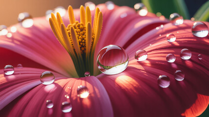 Close up of pink flower with water droplets on petals in the garden