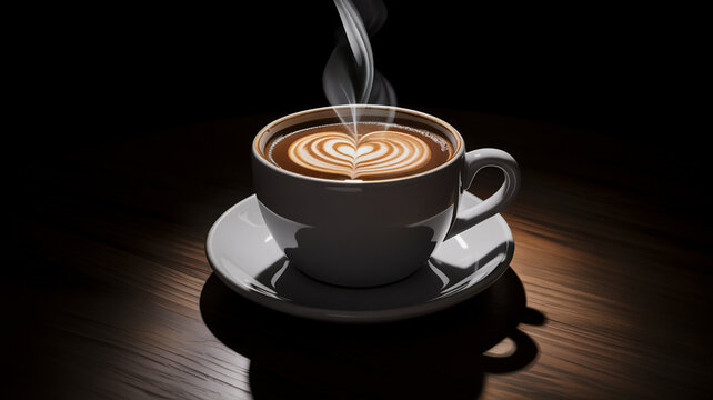 Aromatic coffee cup with heart shaped latte art on wooden table in spotlight