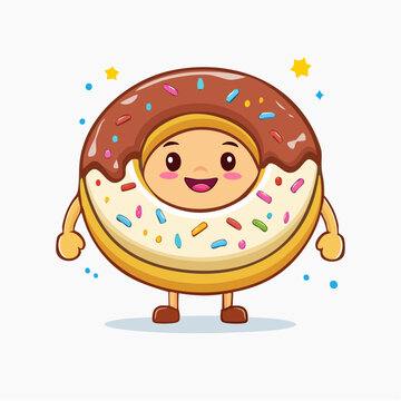 Happy donut mascot with chocolate and vanilla frosting, decorated with sprinkles. Suitable for bakery logos, cute food art, and kawaii designs.