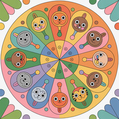 Colorful animal mandala with retro style, featuring cute cartoon animal faces