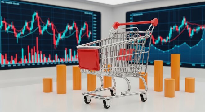 Metal shopping cart sitting in front of rising financial stock market trading charts and bar graphs.