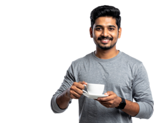 Smiling man holding a cup of coffee isolated on white background, transparent PNG
