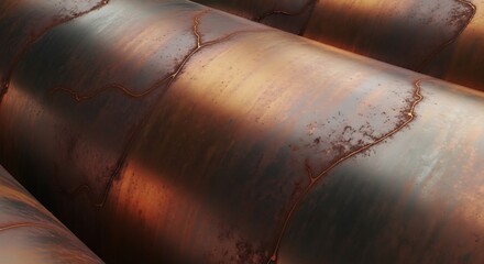 Abstract view of multiple parallel rusted metallic pipes with dark and copper tones