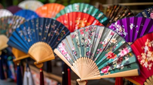 Colorful floral hand fans displayed closeup.