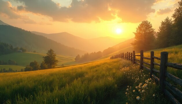 Sunrise illuminates country field near forest mountains. Wooden fence separates farmland with grass and flowers. Rural landscape with mountain hills meets new day with scenic golden light.