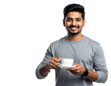 Smiling man holding a cup of coffee isolated on white background, transparent PNG