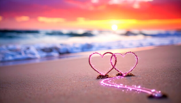 Two intertwined heart shapes glowing with pink sparkles, standing on a sandy beach. The tranquil ocean waves and a beautiful sunset or sunrise create a romantic and peaceful backdrop. - Powered by Adobe