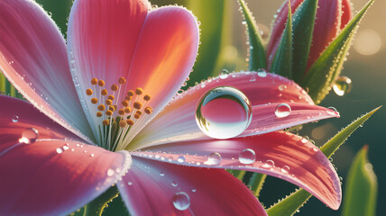 Closeup of a pink flower with water droplets on its petals in the sunlight