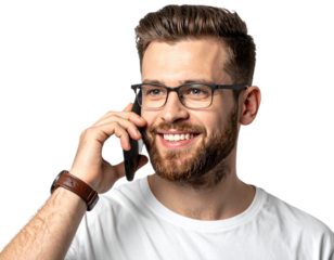 Man talking on the phone with glasses isolated on white background, transparent PNG