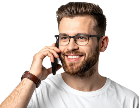 Man talking on the phone with glasses isolated on white background, transparent PNG - Powered by Adobe