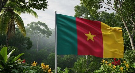 Cameroon Flag Waving Proudly Amidst Lush Tropical Jungle Landscape.