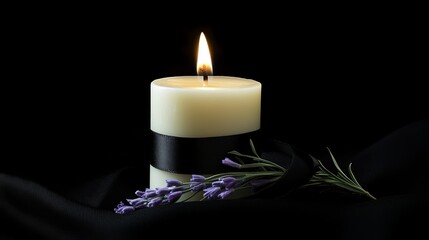 White burning candle with black ribbon and delicate purple flower on black background for funeral and obituary announcement