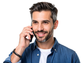 Man talking on the phone smiling isolated on white background, transparent PNG