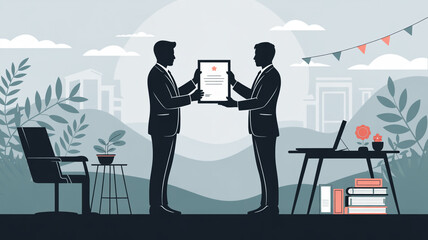Businessmen exchanging certificate in outdoor office setting with cityscape view