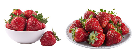 fresh strawberries in white bowls on white background.