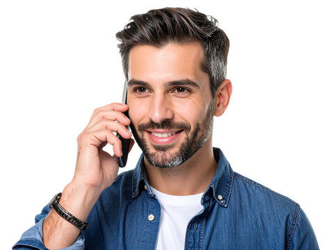 Man talking on the phone smiling isolated on white background, transparent PNG