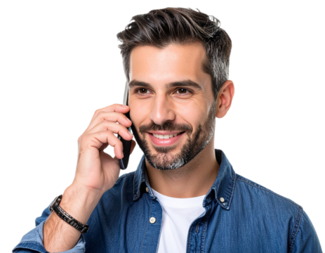 Man talking on the phone smiling isolated on white background, transparent PNG