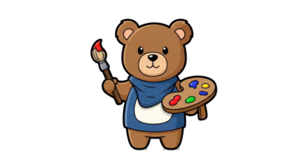 Cute bear cartoon character holding a paintbrush and palette isolated PNG with Transparent Background