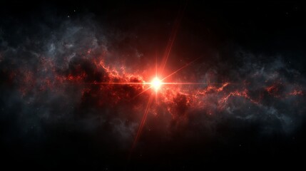 Red cosmic nebula with bright central star glowing in dark outer space with swirling gas clouds astronomy background for science and galaxy themed design