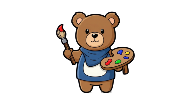 Cartoon brown bear artist holding paintbrush and color palette isolated PNG with Transparent Background