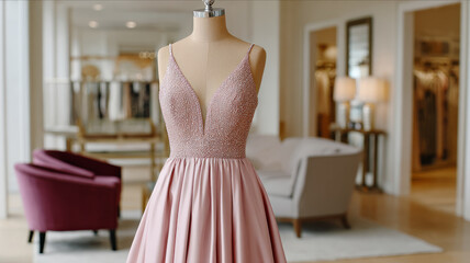 Pink dress on a mannequin in a stylish boutique setting.