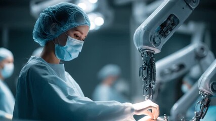 A female doctor performing a high-tech surgery in an operating room using a robotic arm, showcasing advanced medical technology, precision, and innovation. - Powered by Adobe