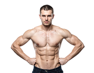 Muscular man posing with hands on hips isolated on white background, transparent PNG
