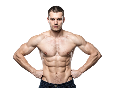 Muscular man posing with hands on hips isolated on white background, transparent PNG