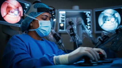 A skilled medical professional in a high-tech surgical room, focused on precise operations while utilizing advanced monitors for visual guidance, ensuring the highest standard of patient care - Powered by Adobe