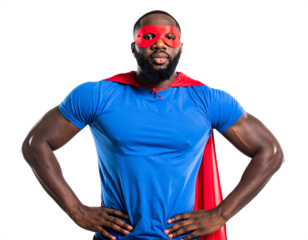 African American superhero with a red mask and cape isolated on white background, transparent PNG