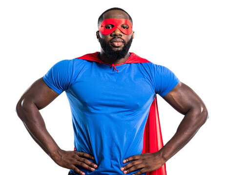African American superhero with a red mask and cape isolated on white background, transparent PNG
