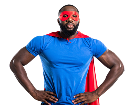 African American superhero with a red mask and cape isolated on white background, transparent PNG - Powered by Adobe